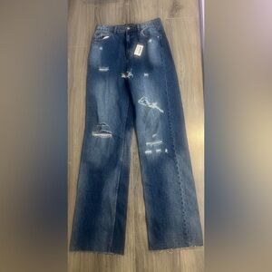 Pretty little thing med blue wash raw hem baggy wide leg jean NWT